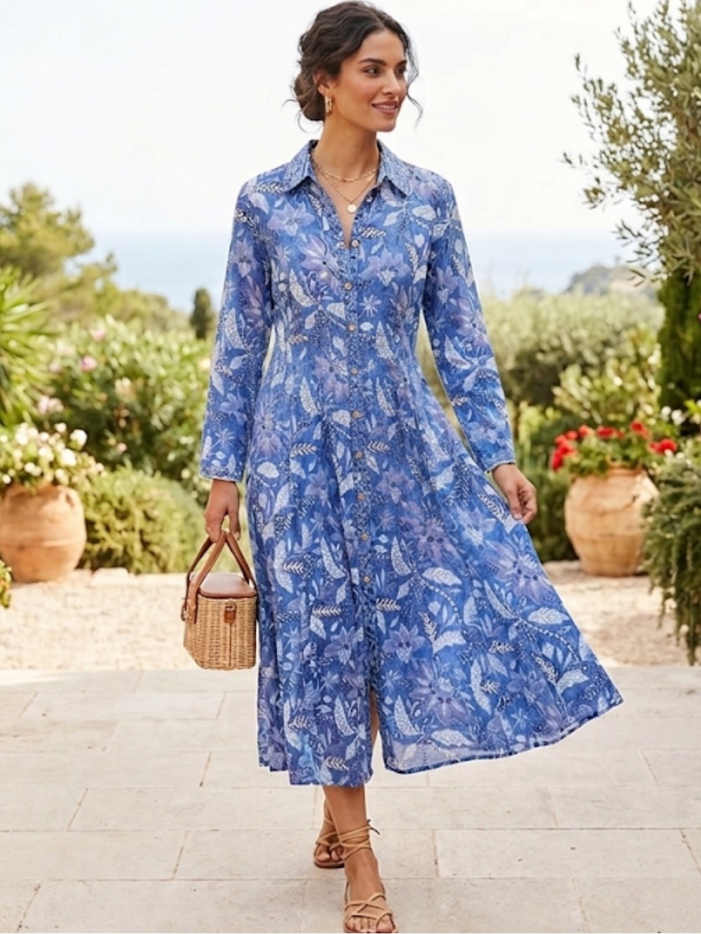 Liza Byrd Blue Block Print Cotton Button-Front Midi Shirt Dress Size Small